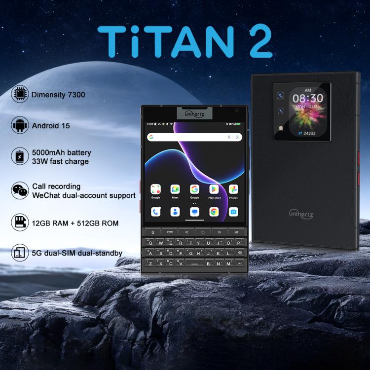 Unihertz Unihertz Titan 2 Smartphone mit physischer QWERTZ-Tastatur, 12 GB + 512 GB Speicher, Fingerabdrucksensor, 4,5 Zoll + 2 Zoll Display, Android 15, Dimensity 7300 5G Octa-Core Prozessor, Netzwerk: 5G, NFC, OTG elektroniktrade Switzerland