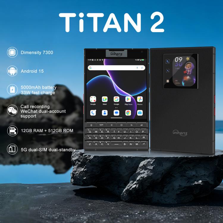Unihertz Unihertz Titan 2 Smartphone mit physischer QWERTZ-Tastatur, 12 GB + 512 GB Speicher, Fingerabdrucksensor, 4,5 Zoll + 2 Zoll Display, Android 15, Dimensity 7300 5G Octa-Core Prozessor, Netzwerk: 5G, NFC, OTG elektroniktrade Switzerland