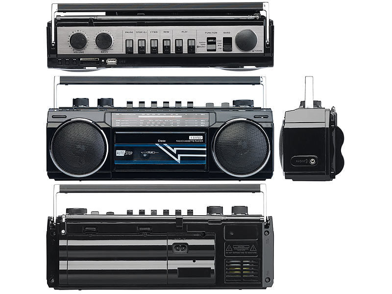 Retro-Boombox mit Kassetten-Player, Radio, USB, SD & Bluetooth, 8 Watt