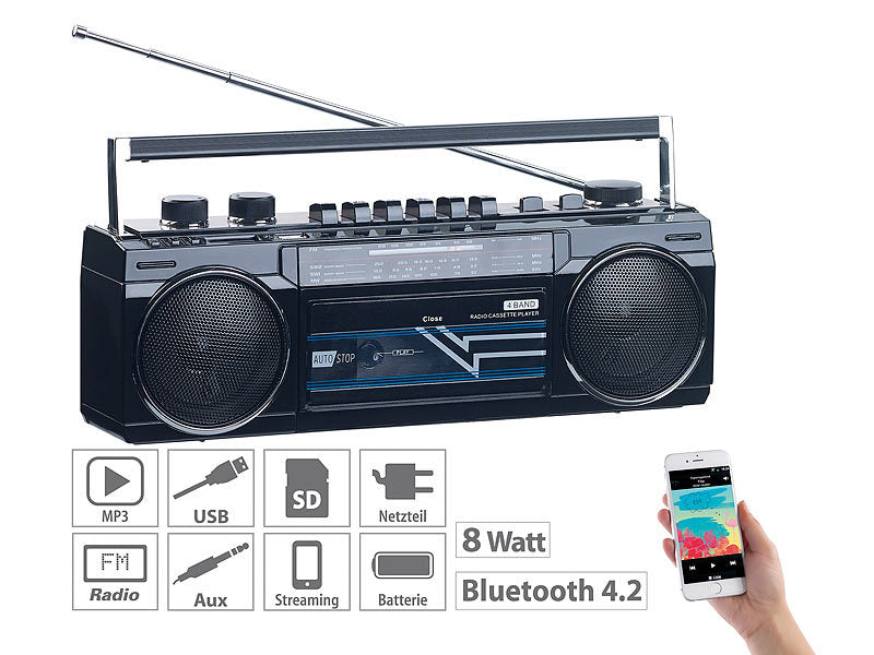 Retro-Boombox mit Kassetten-Player, Radio, USB, SD & Bluetooth, 8 Watt