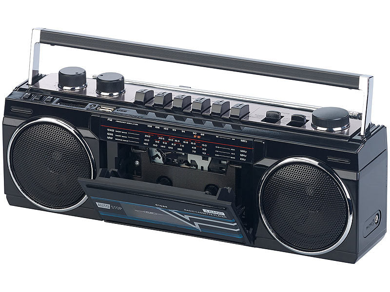 Retro-Boombox mit Kassetten-Player, Radio, USB, SD & Bluetooth, 8 Watt