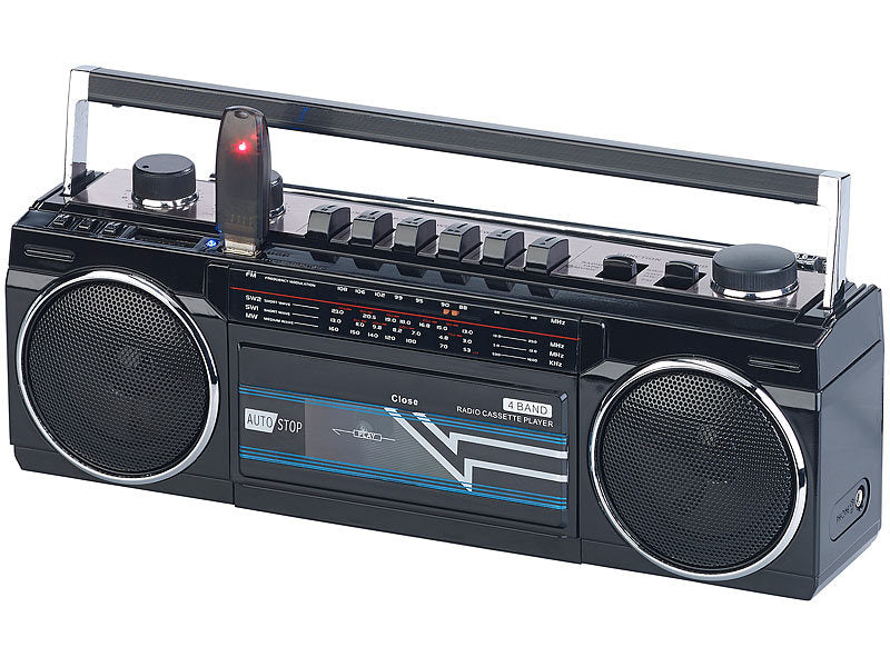 Retro-Boombox mit Kassetten-Player, Radio, USB, SD & Bluetooth, 8 Watt