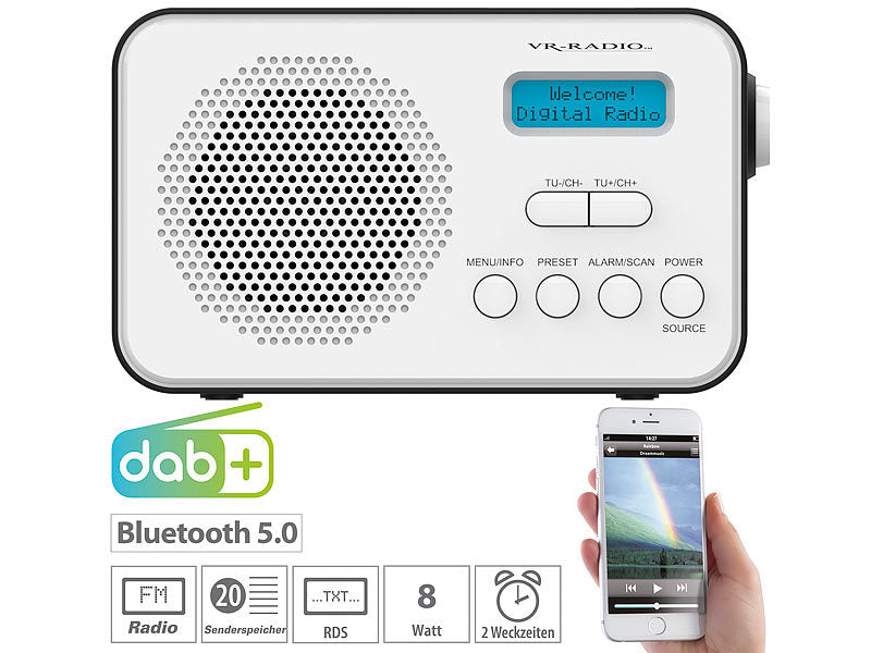 Mobiles Akku-Digitalradio mit DAB+ & FM, Wecker, Bluetooth 5, 8 Watt