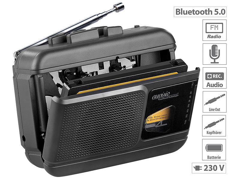 Mobiler Kassettenspieler, Bluetooth-Transmitter, Sprachrekorder, Radio