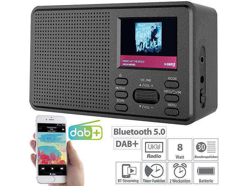 Mobiles Digitalradio mit DAB+ und UKW, LCD-Farbdisplay, Wecker, 8 Watt