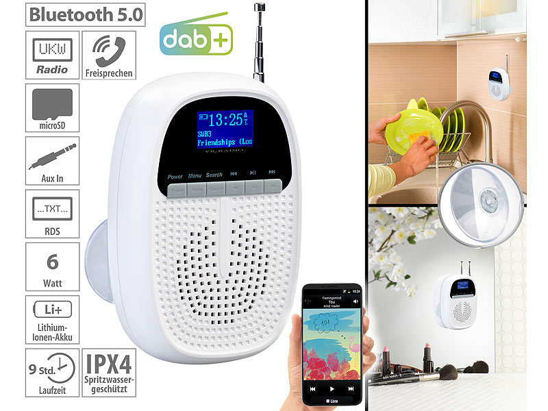 Badezimmer-Akku-Radio mit DAB+/FM, Bluetooth, Freisprech-Funktion, 6 W