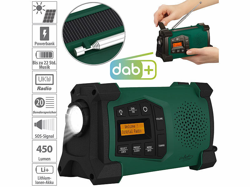 Mobiles Kurbelradio mit DAB+, EWF-Funktion, Solarpanel, LED, USB