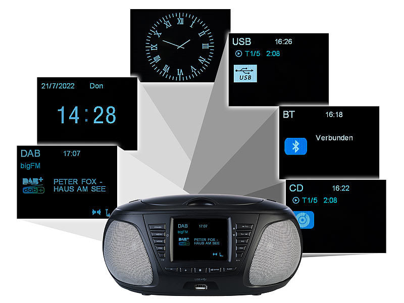 Mobile Stereo-Boombox mit DAB+/FM, Bluetooth, CD, AUX, 10 Watt