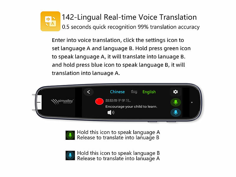 Übersetzer-Stift, 142 Online-Sprachen, Scan-Funktion, Touch-Display