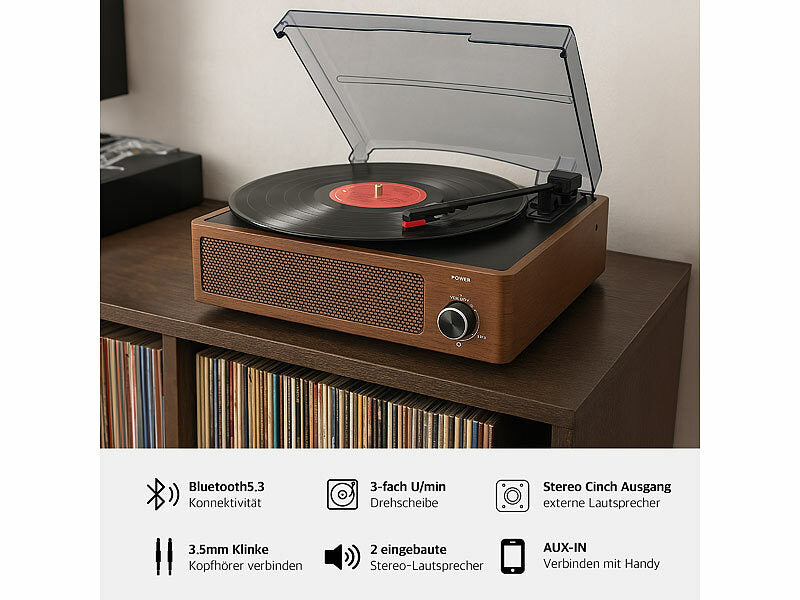 Schallplattenspieler mit Stereo-Lautsprecher und Bluetooth, 12 Watt