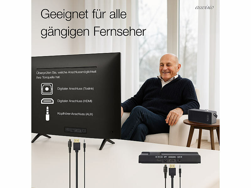 Mobiler TV-Lautsprecher, digitale Funk-Übertragung, 2 Hörprofile, Akku