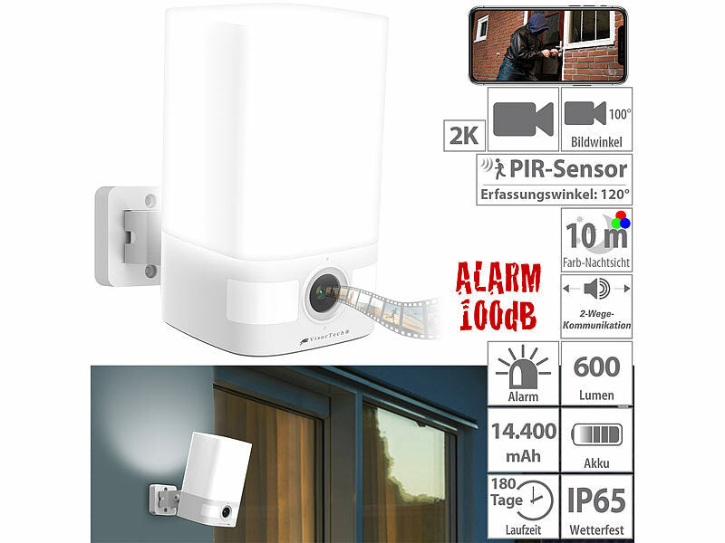 2K-Akku-Überwachungskamera, LED-Licht 600 lm, Alarm, WLAN, App, IP65