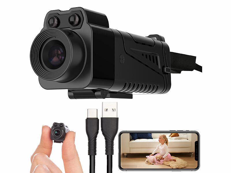 WLAN-Micro-Kamera, Full HD, 90° neigbar, Powerbank, IR-Nachtsicht, App