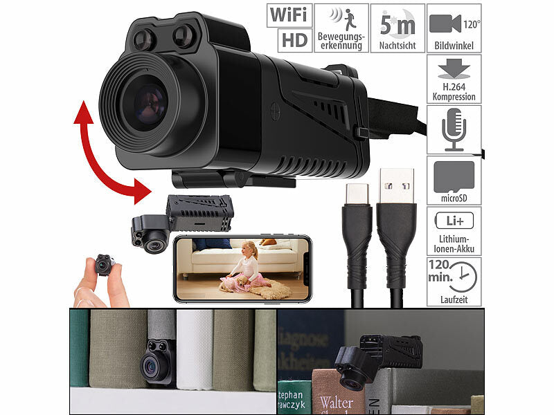 WLAN-Micro-Kamera, Full HD, 90° neigbar, Powerbank, IR-Nachtsicht, App