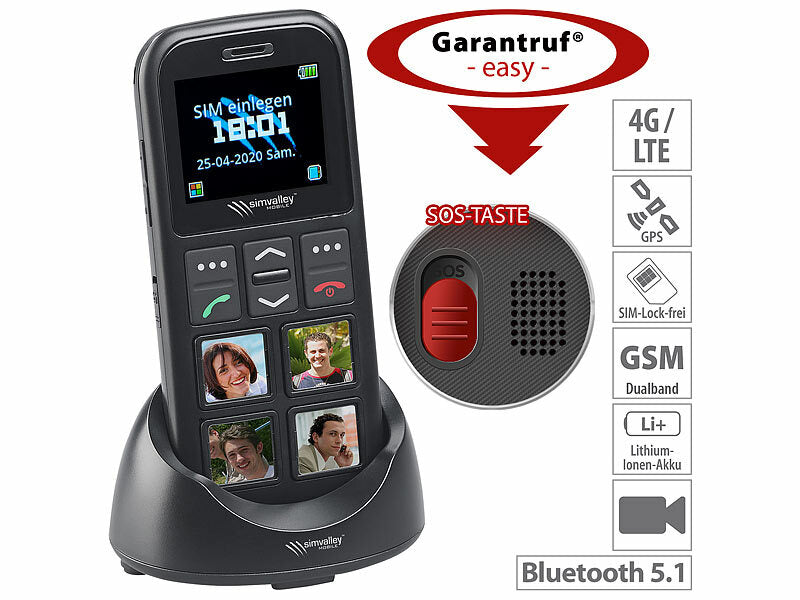 4G-Senioren-Handy mit Garantruf Easy, 4 Kurzwahl-Foto-Tasten, GPS, App