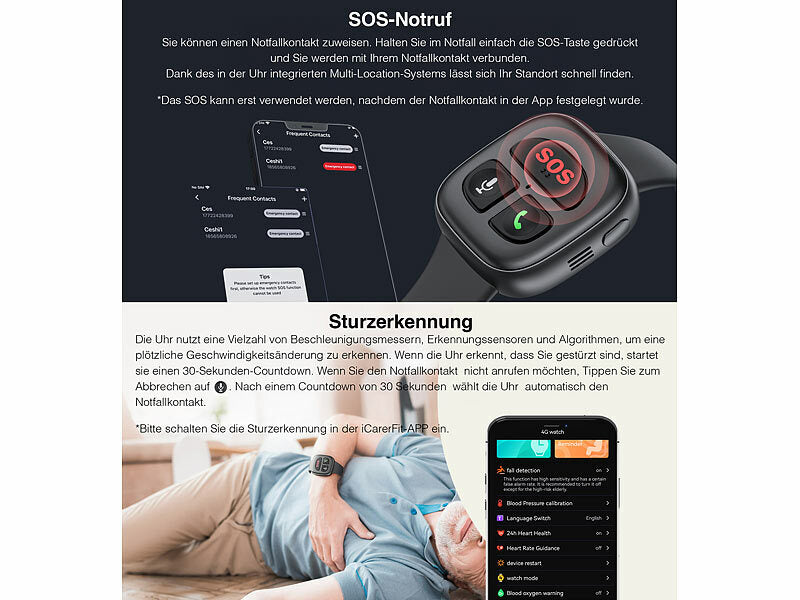 4G-Notfall-Armband mit Freisprechen, GPS, Sturz-Sensor, App, IP67