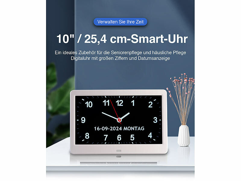 Digital-Uhr mit 10"-Display, Wecker, Medizin-Erinnerung, Mediaplayer