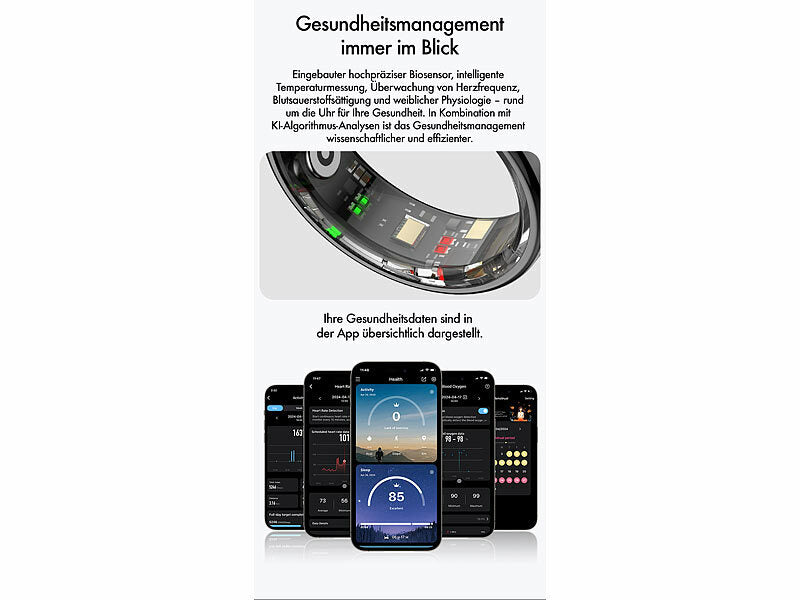 Fitnesstracker-Ring, Touch-Bedienung, Herzfrequenz, SpO2, 5 ATM, Gr.57
