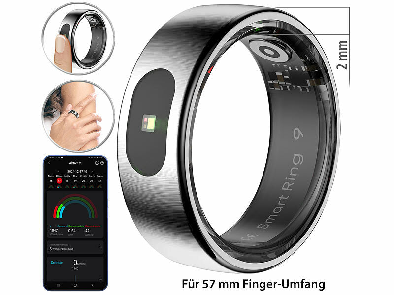 Fitnesstracker-Ring, Touch-Bedienung, Herzfrequenz, SpO2, 5 ATM, Gr.57
