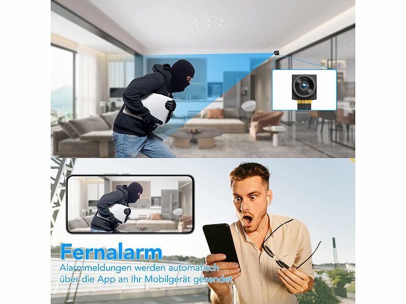 Somikon Kameramodule: 2K-WLAN-Micro-Einbaukamera, Bewegungserkennung, Mikrofon, 4 MP, App (Mini-Überwachungskamera mit Ton)