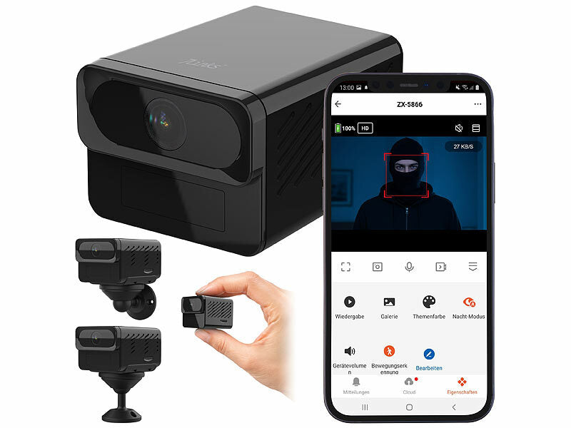 2K-Mini-IP-Kamera mit Dualband-WLAN, Nachtsicht, 4 Std. Akku, Ap