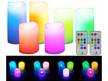 farbige LED Kerzen: Lunartec 6er-Set dimmbare RGB-LED-Kerzen mit Timer & Fernbedienung, bunt, IP44