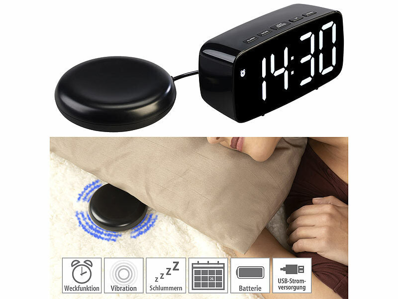 LED-Wecker mit Vibrationskissen, 3 Alarm-Modi, Snooze, Temperatur