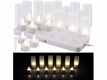 Teelichter aufladbar: Lunartec 12er-Set Akku-LED-Teelichter mit Kunststoff-Dekogläsern & Ladestation