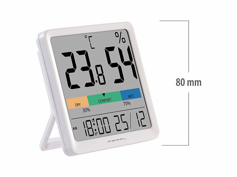 Thermo- und Hygrometer mit farbiger Komfort-Anzeige, Uhrzeit & Wecker