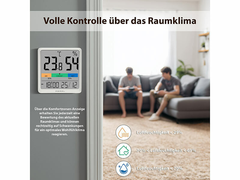 Thermo- und Hygrometer mit farbiger Komfort-Anzeige, Uhrzeit & Wecker