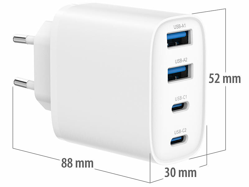 Ultrakompaktes 4-Port-USB-Netzteil, USB-C PD + QC, bis 40 Watt, weiß