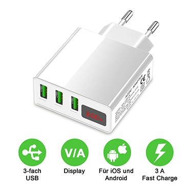 Multi USB Port Ladegerät 3-fach 5 V, 3 A m. LED Display, EU Netzteil weiß Eaxus