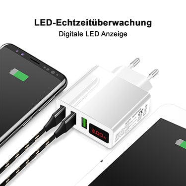 Multi USB Port Ladegerät 3-fach 5 V, 3 A m. LED Display, EU Netzteil weiß Eaxus