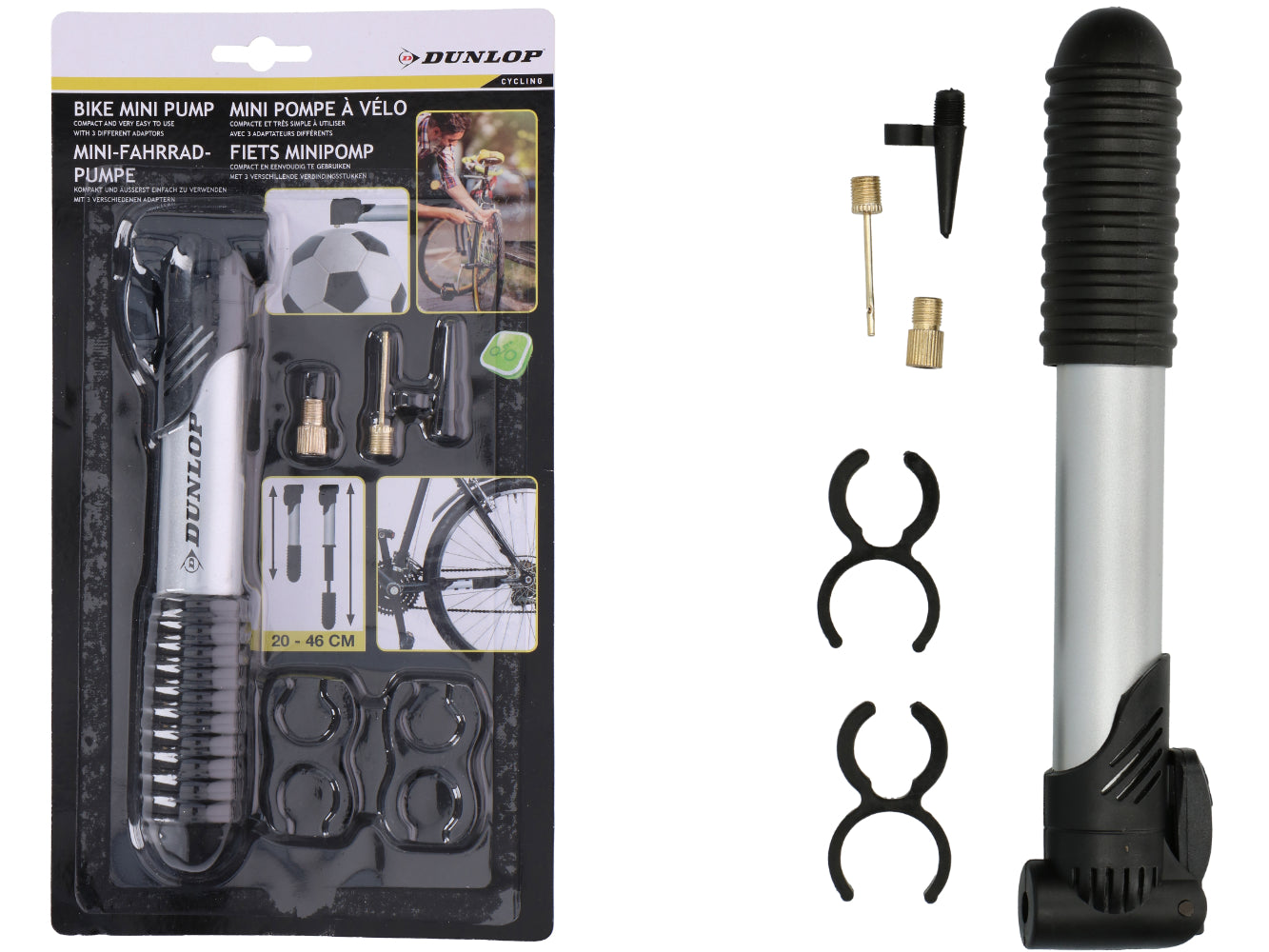 Dunlop Fahrrad- & Ballpumpe mit u. 3 Aufsätzen + Befestigungsclips | #Elektroniktrade.ch#