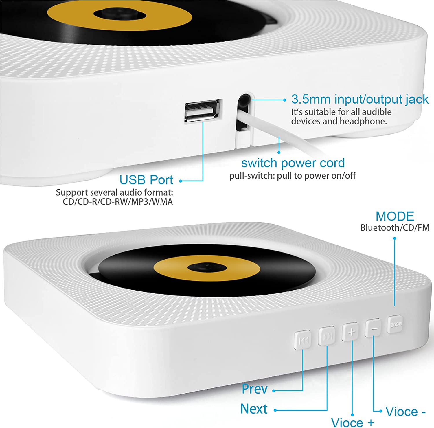 Tragbarer Wandmontage Bluetooth CD Player