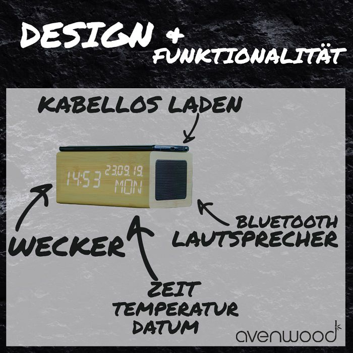 Stylische Holz Wecker mit induktiv Ladegeräte & Lautsprecher von Avenwood