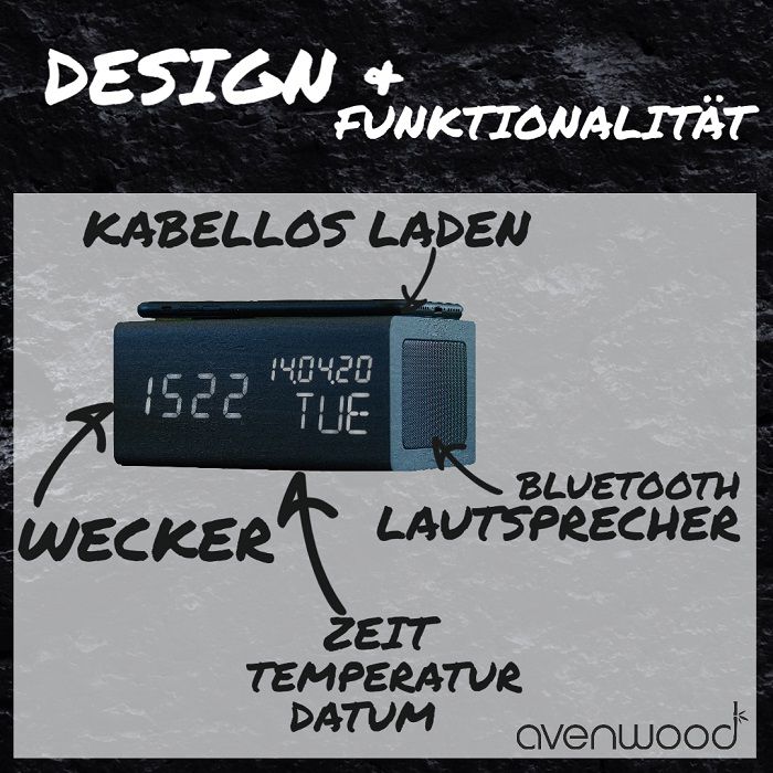 Stylische Holz Wecker mit induktiv Ladegeräte & Lautsprecher von Avenwood