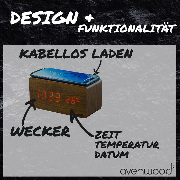 Stylische Holz Wecker mit induktiv Ladegeräte & Lautsprecher von Avenwood