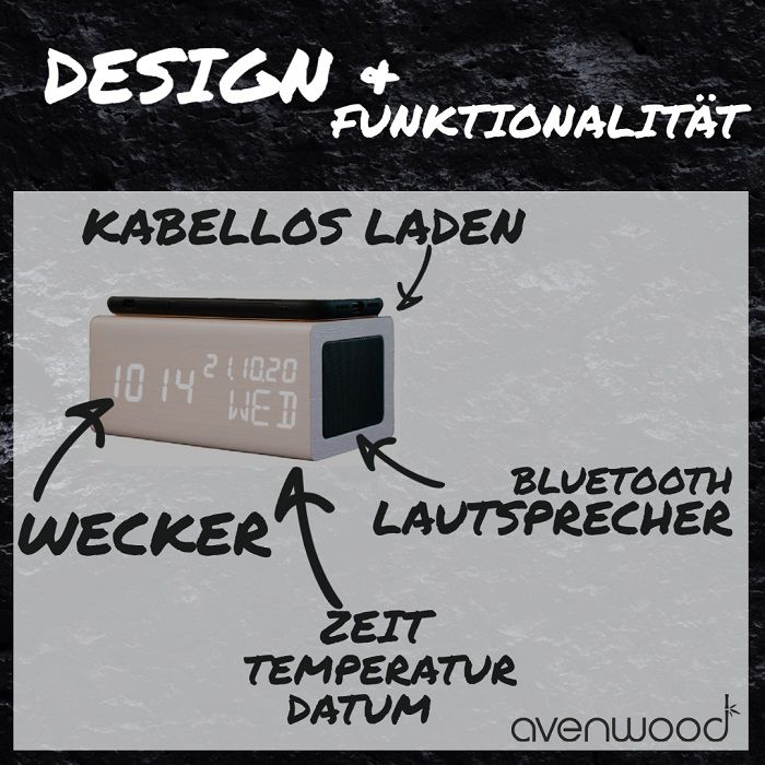 Stylische Holz Wecker mit induktiv Ladegeräte & Lautsprecher von Avenwood