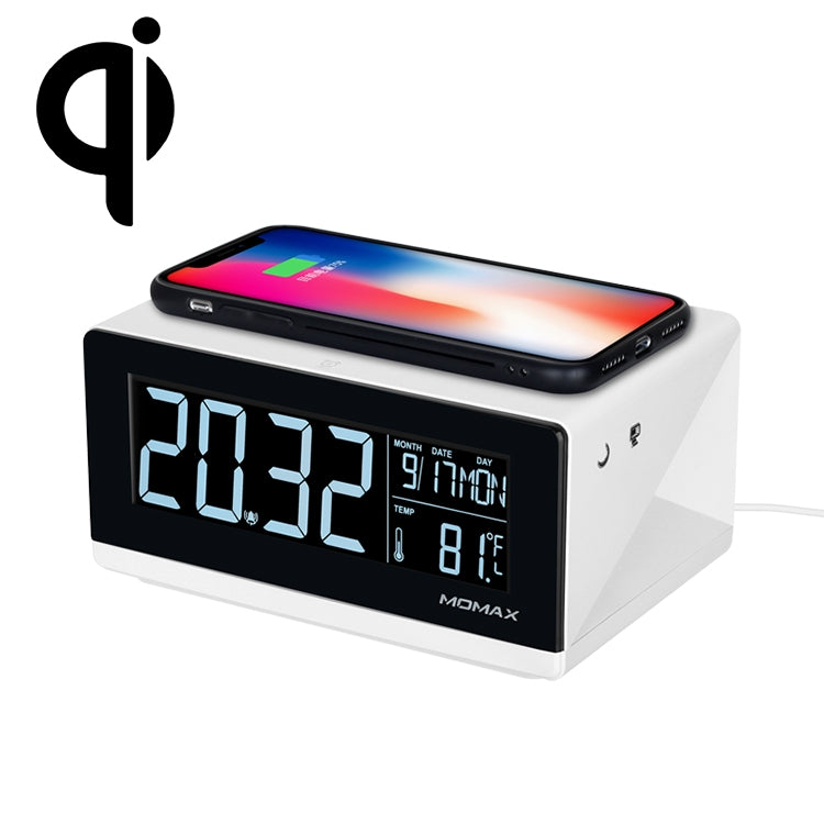 MOMAX 10W QI-Standard-Drei-Modi Fast Lading Wireless-Ladegerät Multifunktions-LCD-Wecker für iPhone / Android