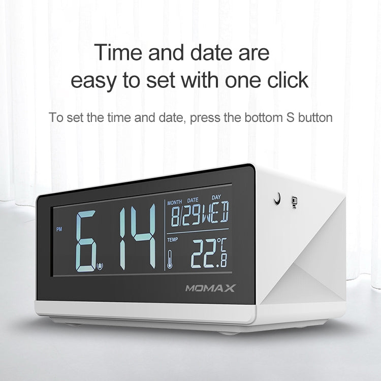 MOMAX 10W QI-Standard-Drei-Modi Fast Lading Wireless-Ladegerät Multifunktions-LCD-Wecker für iPhone / Android