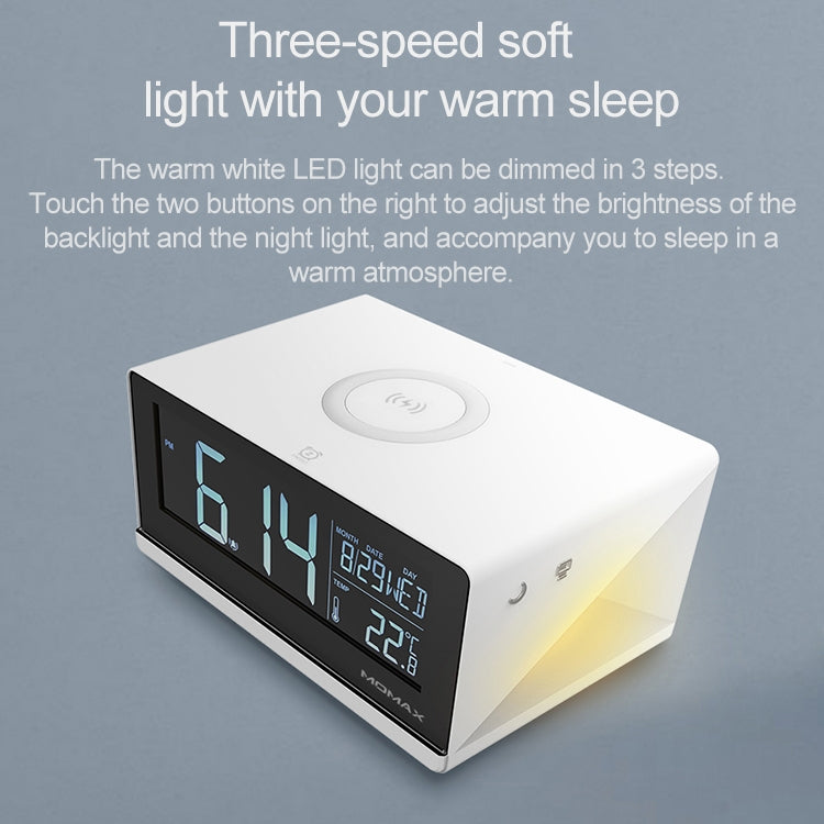 MOMAX 10W QI-Standard-Drei-Modi Fast Lading Wireless-Ladegerät Multifunktions-LCD-Wecker für iPhone / Android