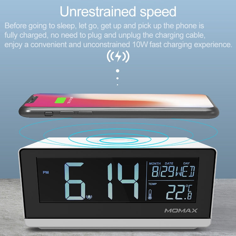 MOMAX 10W QI-Standard-Drei-Modi Fast Lading Wireless-Ladegerät Multifunktions-LCD-Wecker für iPhone / Android
