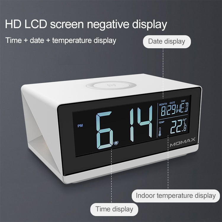 MOMAX 10W QI-Standard-Drei-Modi Fast Lading Wireless-Ladegerät Multifunktions-LCD-Wecker für iPhone / Android