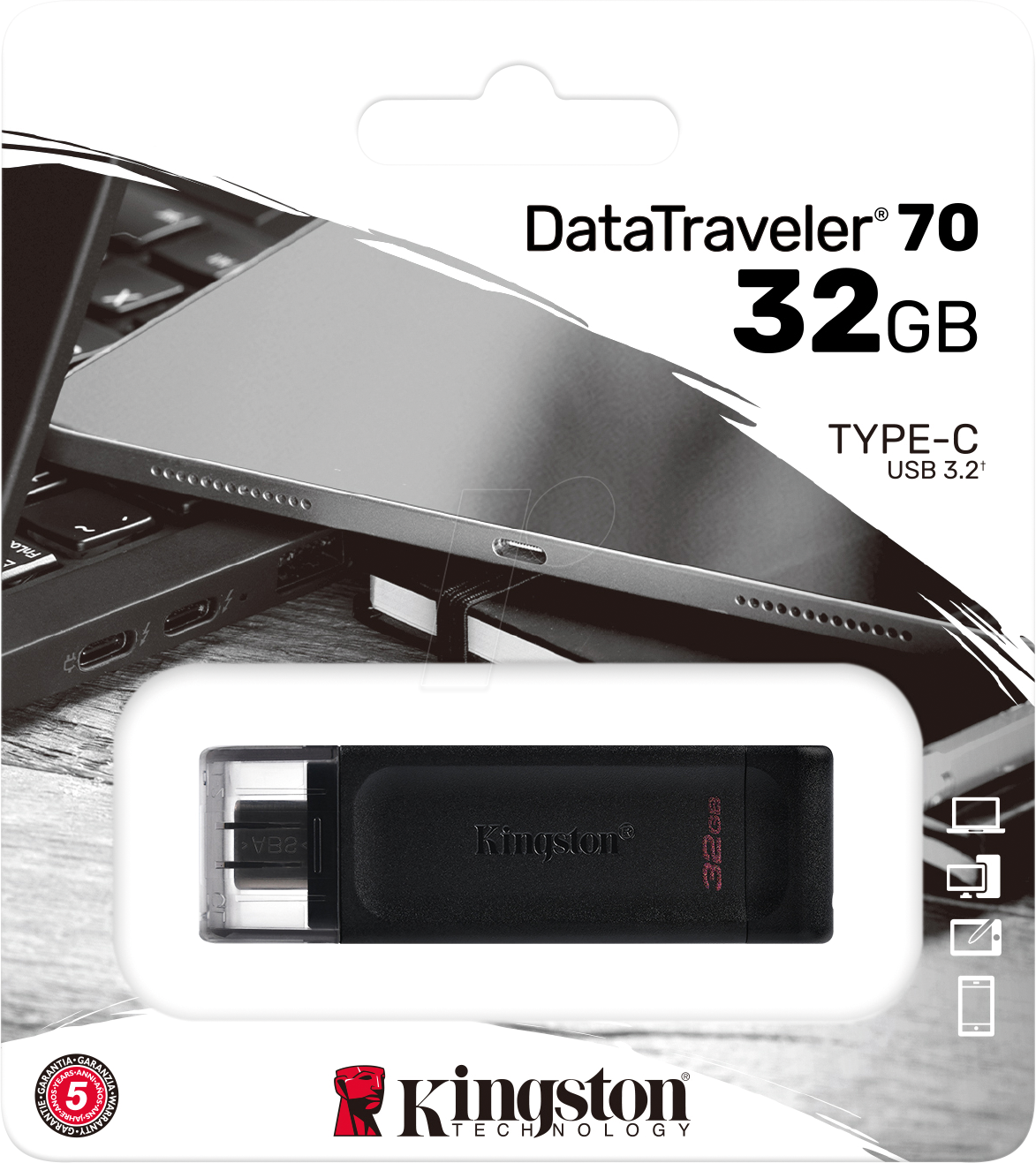 Kingston USB-Stick, 32 GB USB-C 3.2 Gen 1 DataTraveler 70
