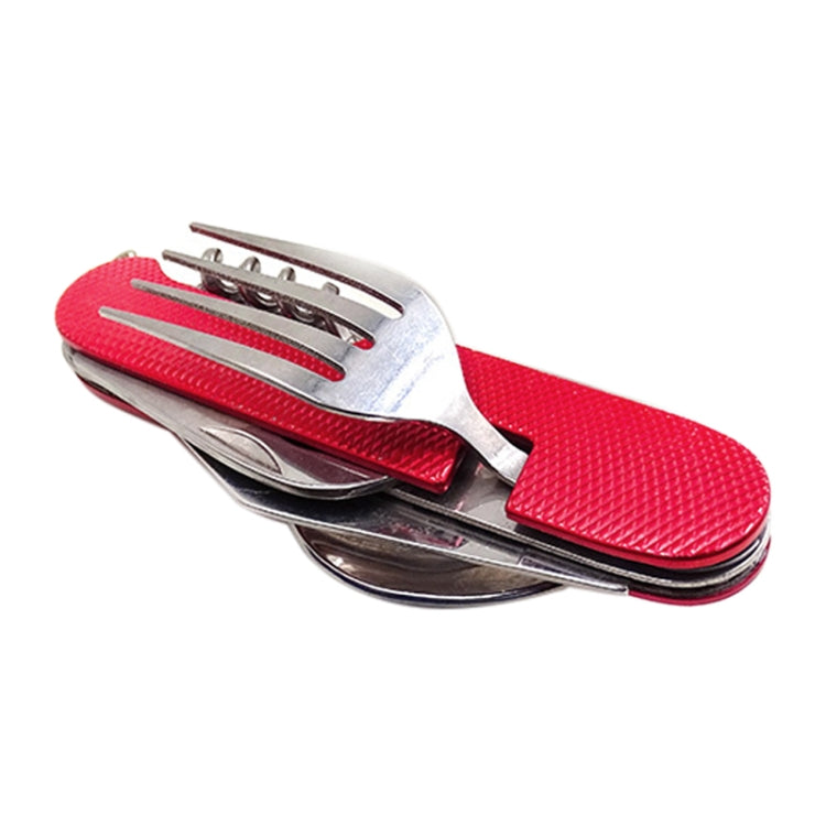 4-in-1 Reise- / Camping-Klappbesteck aus Edelstahl in Blau / Rot