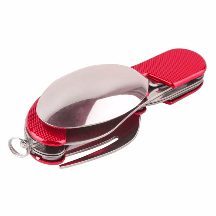 4-in-1 Reise- / Camping-Klappbesteck aus Edelstahl in Blau / Rot