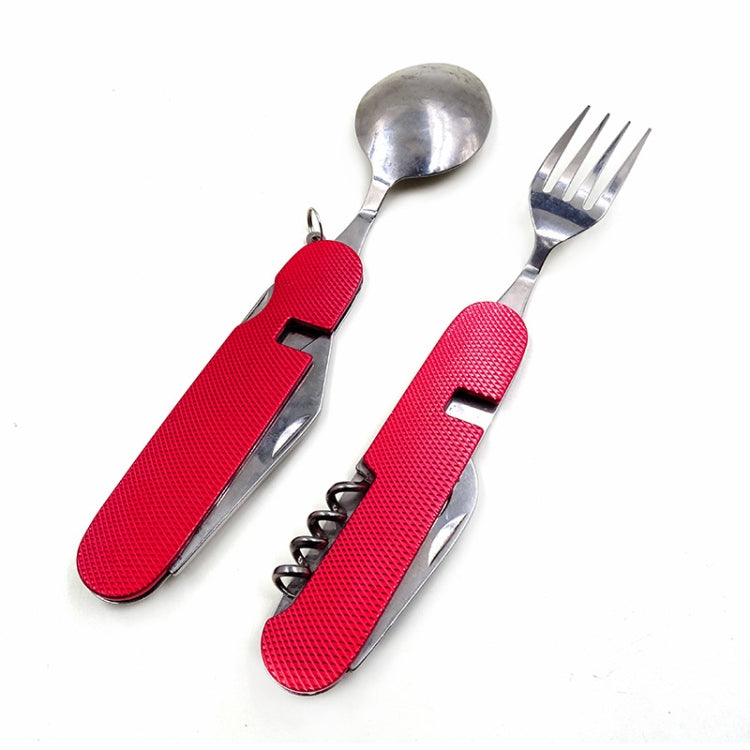 4-in-1 Reise- / Camping-Klappbesteck aus Edelstahl in Blau / Rot