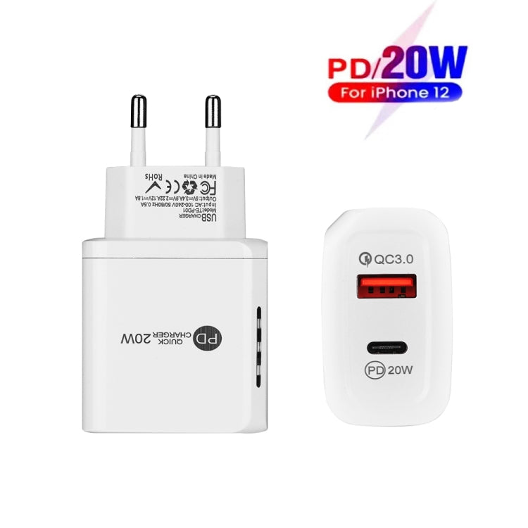 PD 20W + QC3.0 USB Dual Ports Schnellladegerät mit Indikatorlicht, EU-Stecker (weiß)