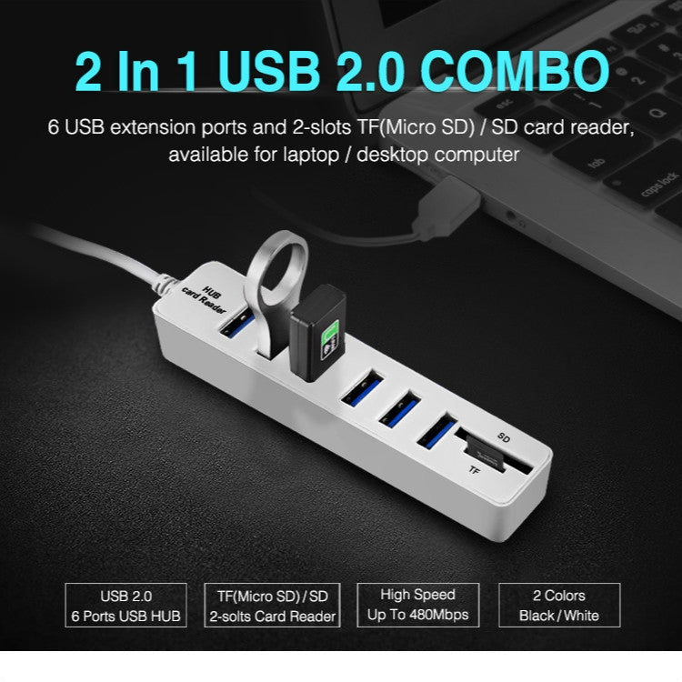 Multi USB 2.0 Hub USB Splitter Hochgeschwindigkeit 6 Ports mit TF SD Kartenleser (weiß) | #Elektroniktrade.ch#